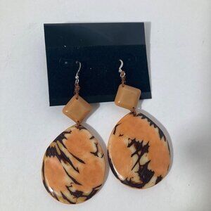 Tagua Nut Dangle Earrings 3" Peach  Brown Cream